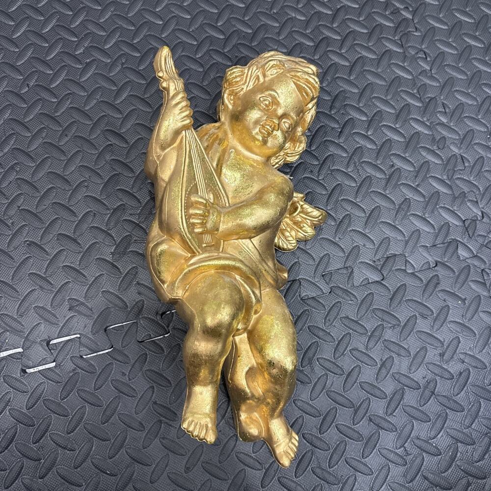 Vintage Gold Cherub Angel Playing Lute 15” Lightweight Wall Hanging Decor *